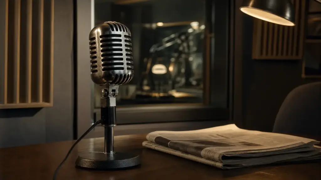 augusto delkáder: micrófono de radio antiguo junto a un periódico doblado en un estudio vacío