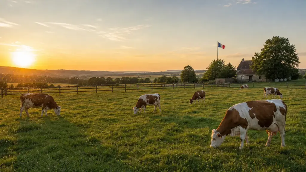 virus shamonda: vacas pastando en un campo del este de Francia al atardecer