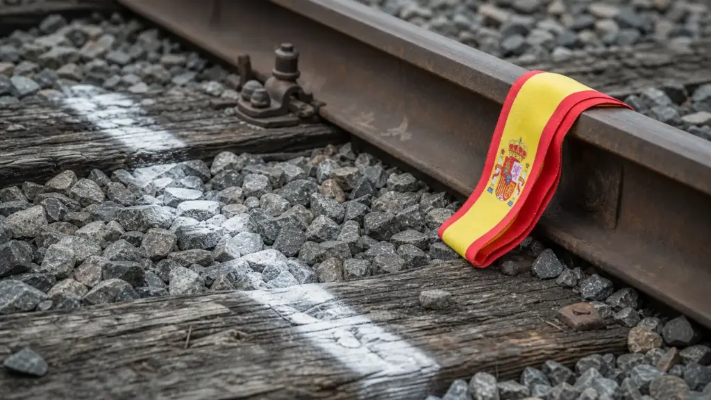 julieta gallego: detalle de vías de tren de acero con una cinta con los colores de España en una mañana nublada