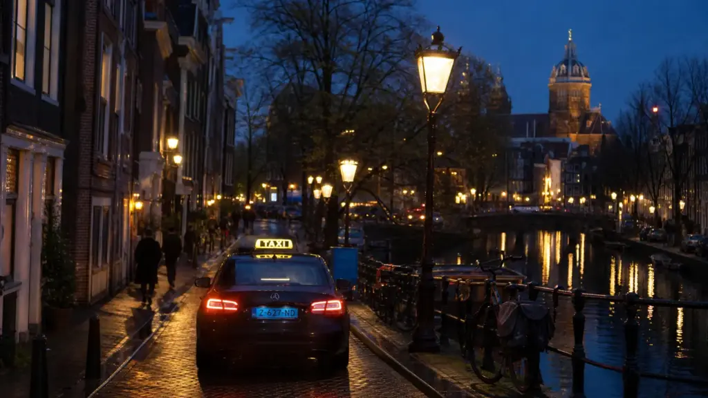 maarten spanjer: un taxi recorre al atardecer una calle junto a un canal de Amsterdam, con peatones lejanos de espaldas