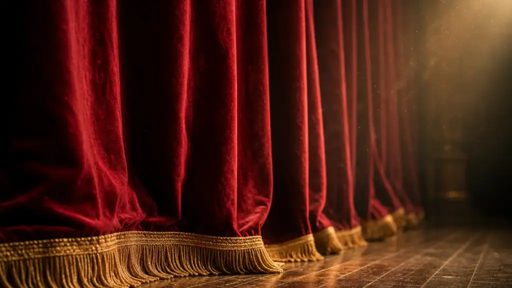 antonio grimau: pliegues de un telón de terciopelo rojo iluminado por un foco en un teatro vacío