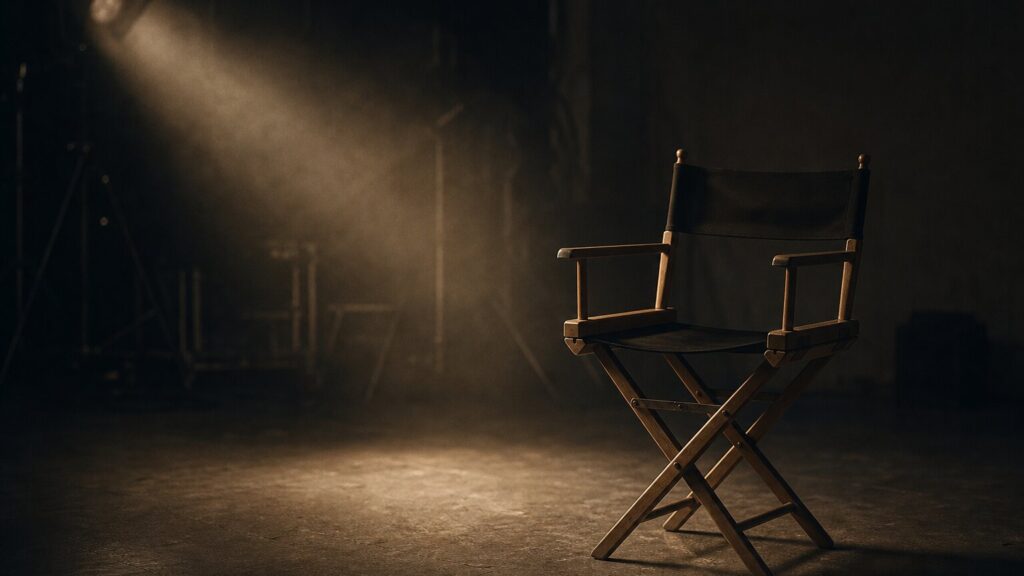 rj mitte: silla de director vacía bajo un foco en un estudio a oscuras