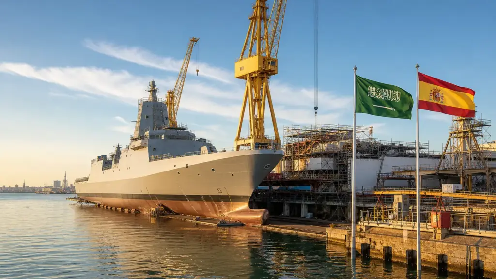 corbeta neom: casco gris de un buque militar a flote junto a la grada de un astillero en la bahía de Cádiz con banderas de España y Arabia Saudí