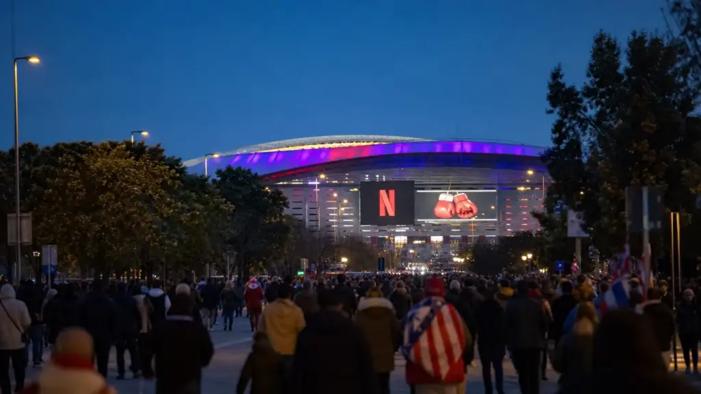 la velada del año: aficionados de espaldas caminando hacia un estadio iluminado al atardecer con una pantalla y guantes de boxeo