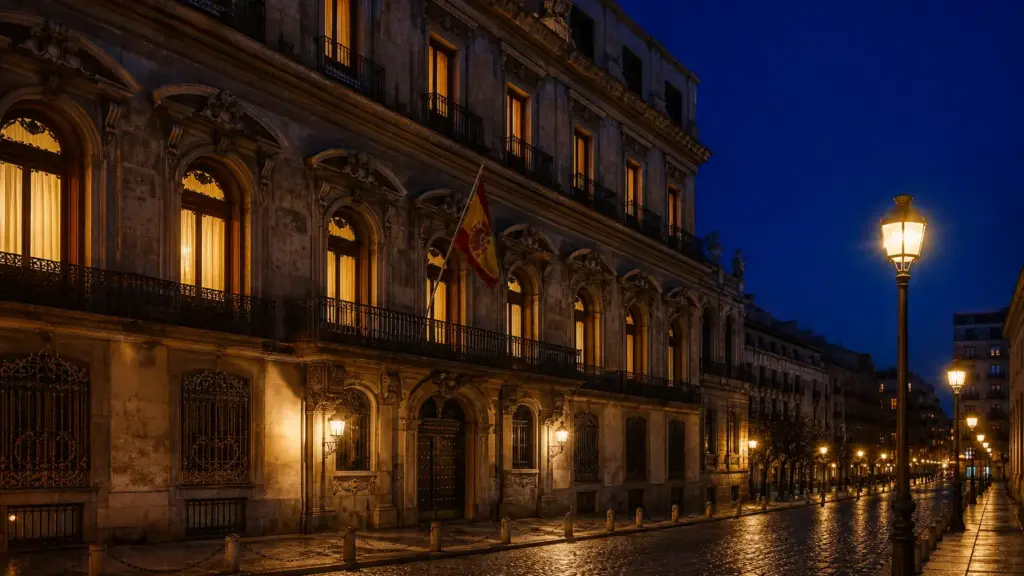 serie grande de españa: fachada de un palacete de Madrid con ventanas iluminadas de noche