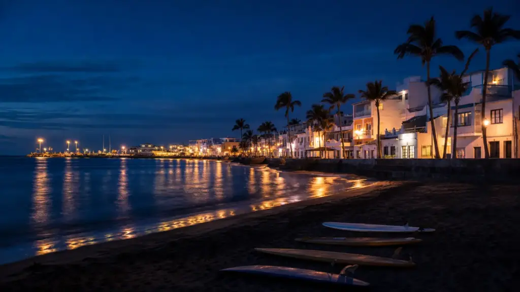 omar sánchez: paseo marítimo de una localidad canaria de noche con tablas de surf en la arena y ventanas iluminadas