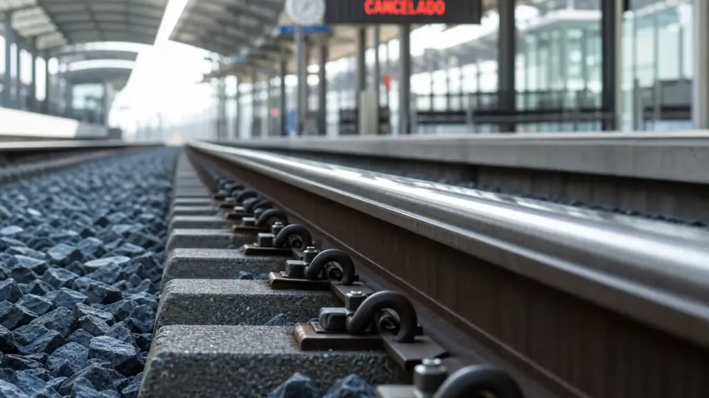trenes de ouigo: primer plano de rieles de acero vacíos en un andén con un panel que indica cancelado