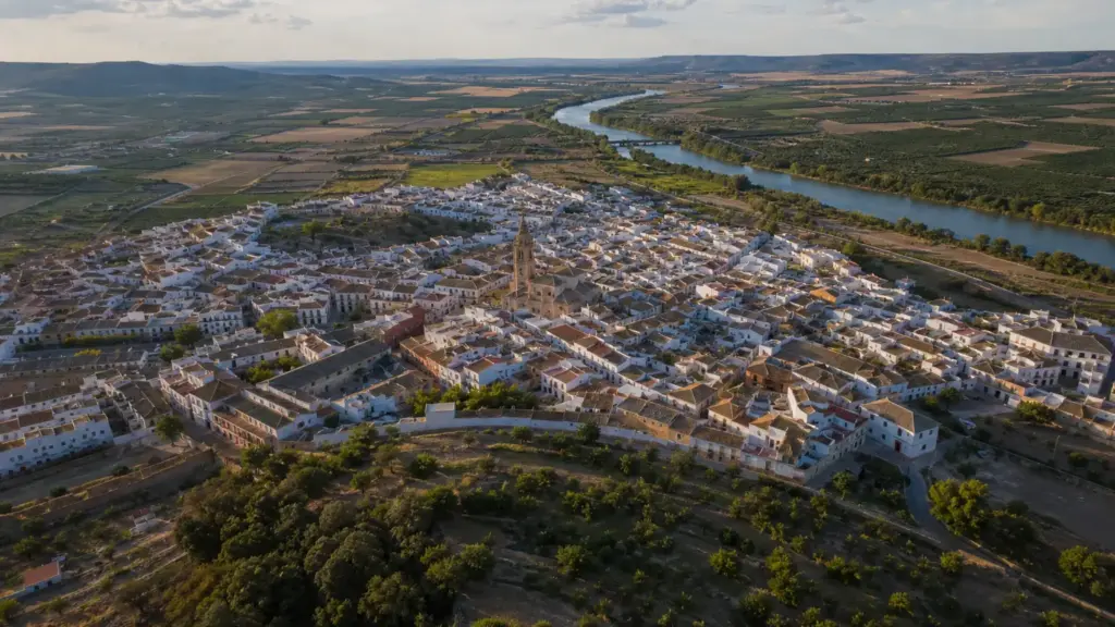 pepe navarro: vista aérea de un pueblo andaluz rodeado de campos junto a un río
