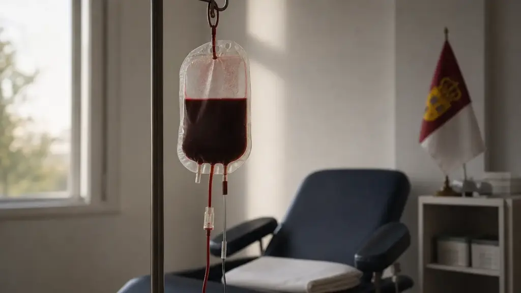 accidente de tren en urda: bolsa de sangre colgada de un soporte metálico en una sala de donación vacía