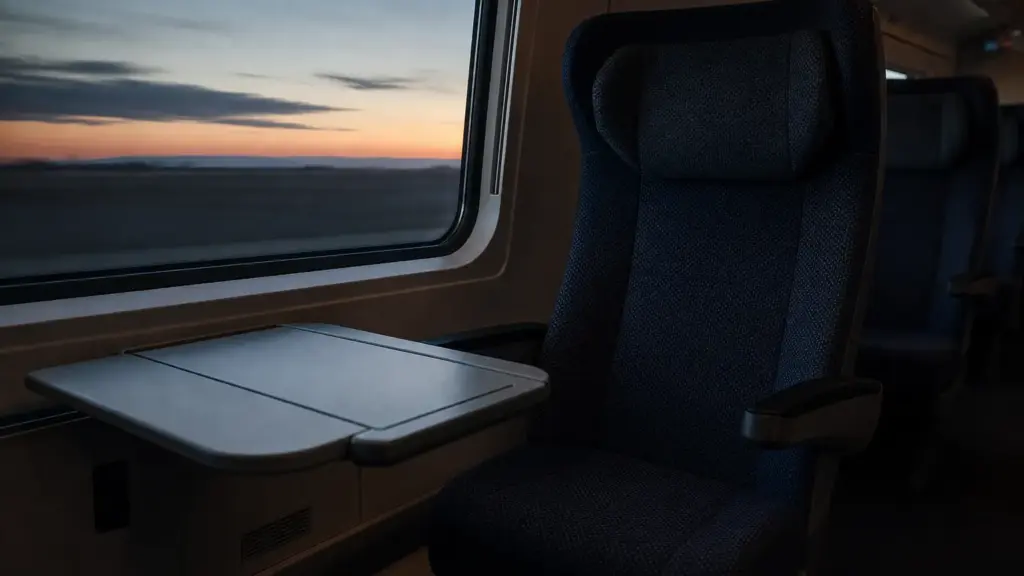 cinturones en los trenes: asiento vacío de un tren de alta velocidad sin cinturón junto a una ventana al atardecer
