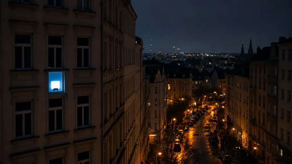 ps plus octubre: ventana iluminada por el brillo azul de un televisor en un edificio de noche