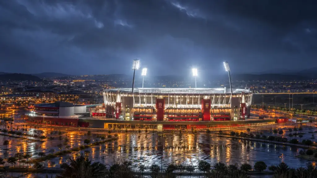 murcia y zaragoza: estadio iluminado de noche bajo la lluvia en las afueras de Murcia