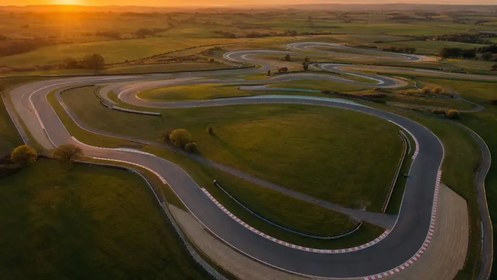 mekies en red bull: vista aérea de un circuito vacío rodeado de campos verdes al atardecer