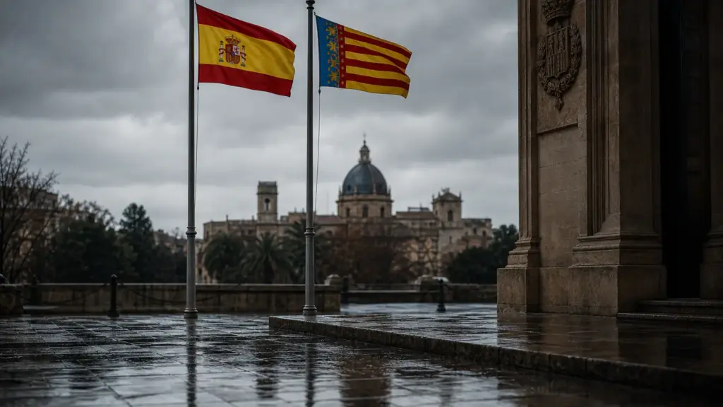 roger llanes: banderas de España y de la Comunitat Valenciana en la entrada de un edificio oficial bajo un cielo nublado