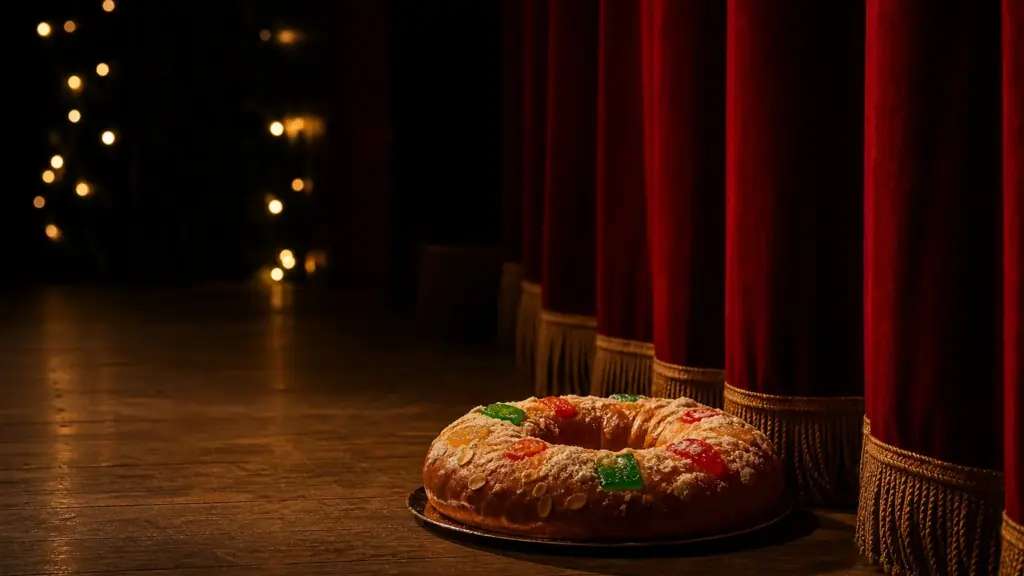 obra de teatro roscón: un roscón de Reyes junto a un telón rojo en un escenario vacío iluminado por un foco
