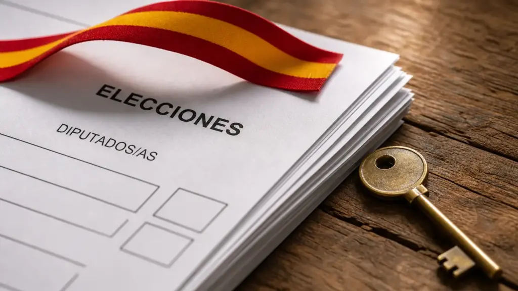 rufián y montero: papeletas electorales con una cinta con los colores de España y una llave de casa