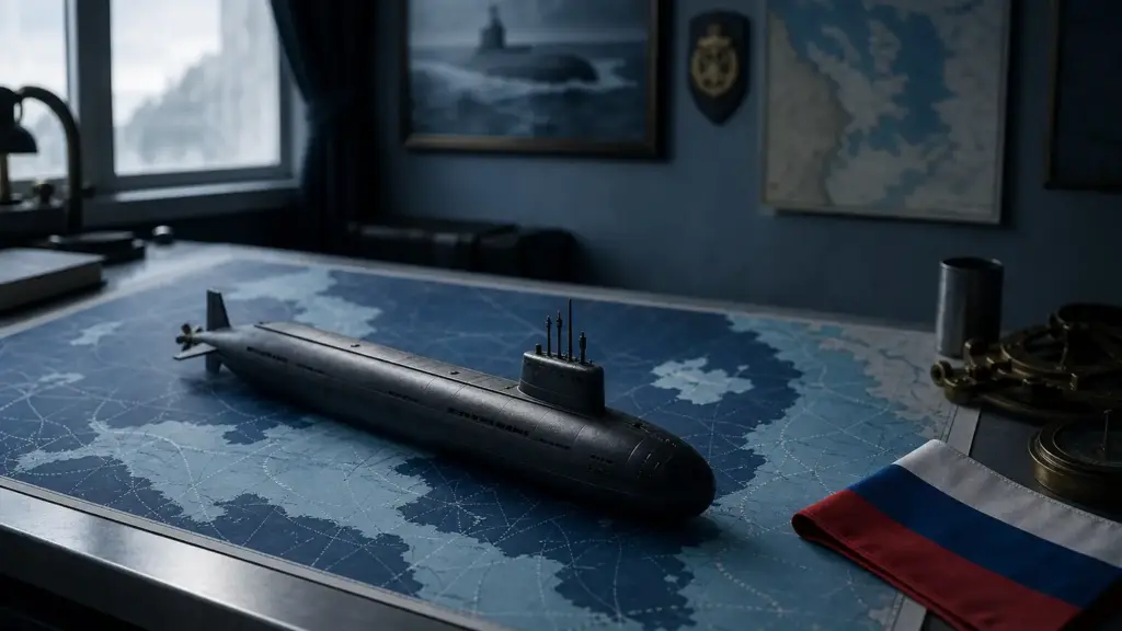 misil bulavá: maqueta de submarino nuclear sobre una carta náutica del Ártico junto a una bandera de Rusia