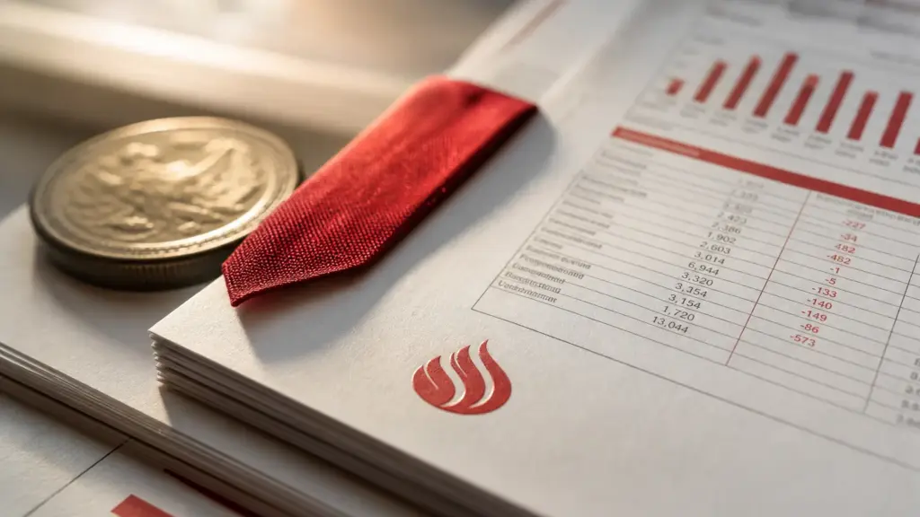 beneficio de santander: hojas de un informe financiero con gráficos en rojo, una moneda metálica y una cinta roja en primer plano