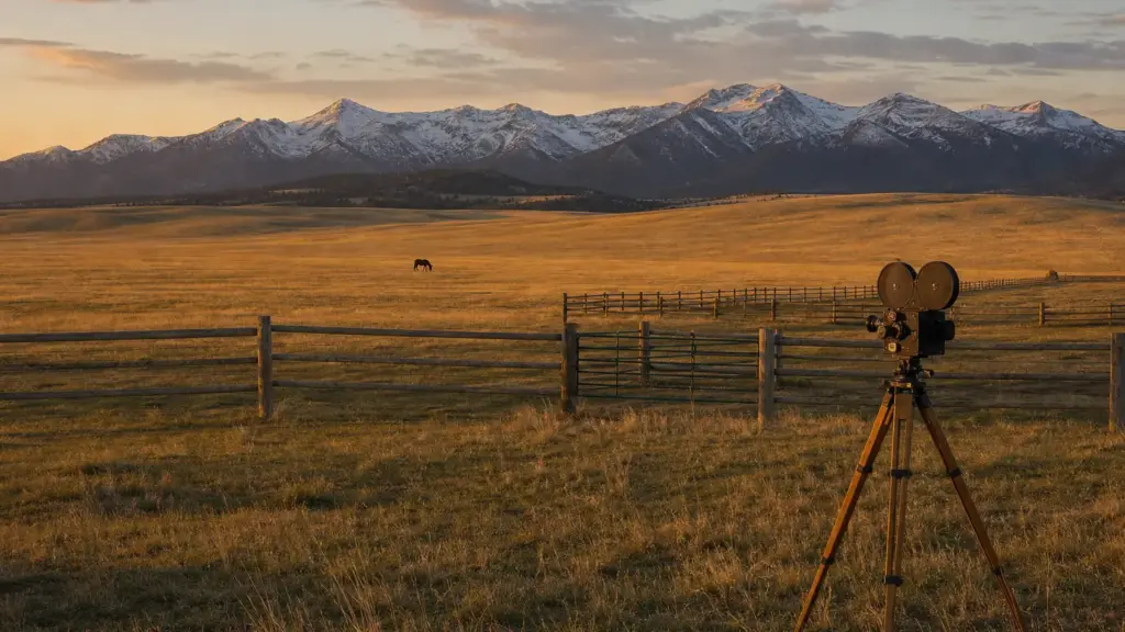 johansson y redford: rancho amplio al atardecer con un caballo a lo lejos y una cámara de cine antigua en el prado