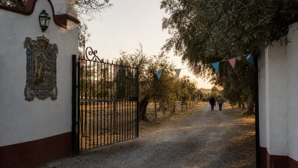 tana rivera: entrada de una finca andaluza con banderines rosas y azules sin usar y figuras lejanas de espaldas al atardecer