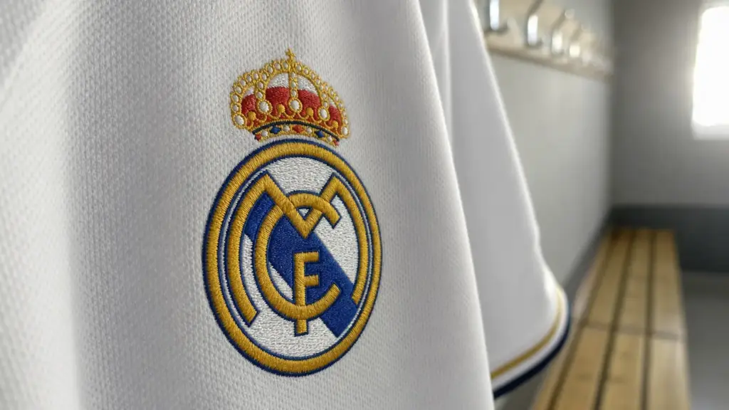 tchouaméni y valverde: detalle de la tela blanca de una camiseta con el escudo del Real Madrid colgada en un vestuario vacío