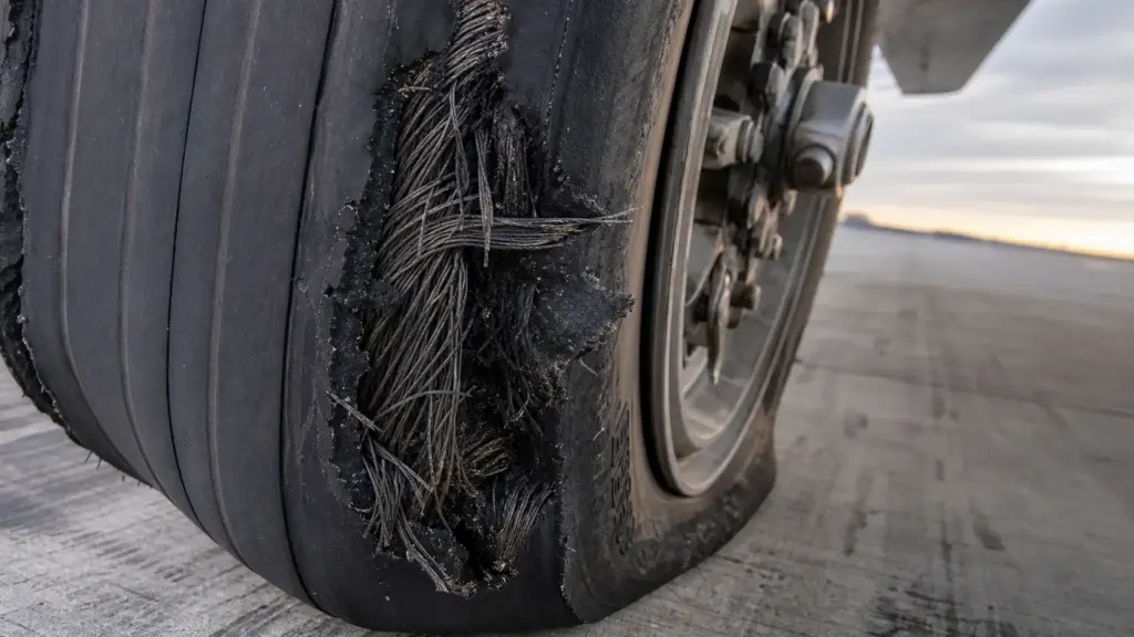 vuelo aa41 en chicago: detalle de un neumático de avión reventado con el caucho desgarrado sobre el asfalto de una pista