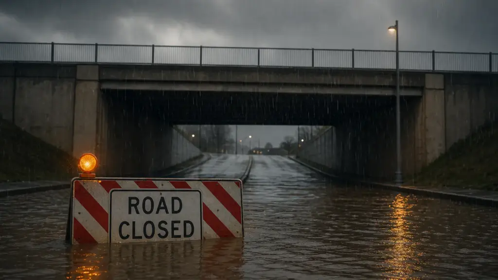 temporal en dénia: señal de cierre y luz de aviso semisumergidas en el agua a la entrada de un paso inferior inundado