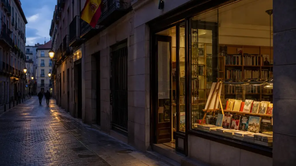 donde el agua trabaja: escaparate de una librería en una calle de Madrid al atardecer con peatones lejanos desenfocados