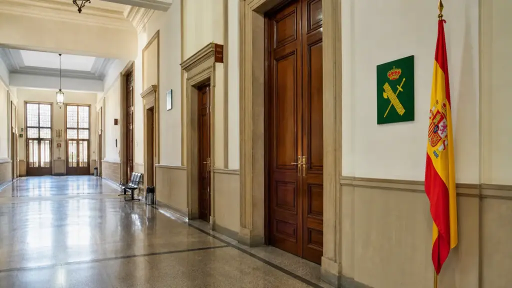 caso cuarteles: pasillo vacío de un tribunal en Madrid con la bandera de España y el emblema de la Guardia Civil