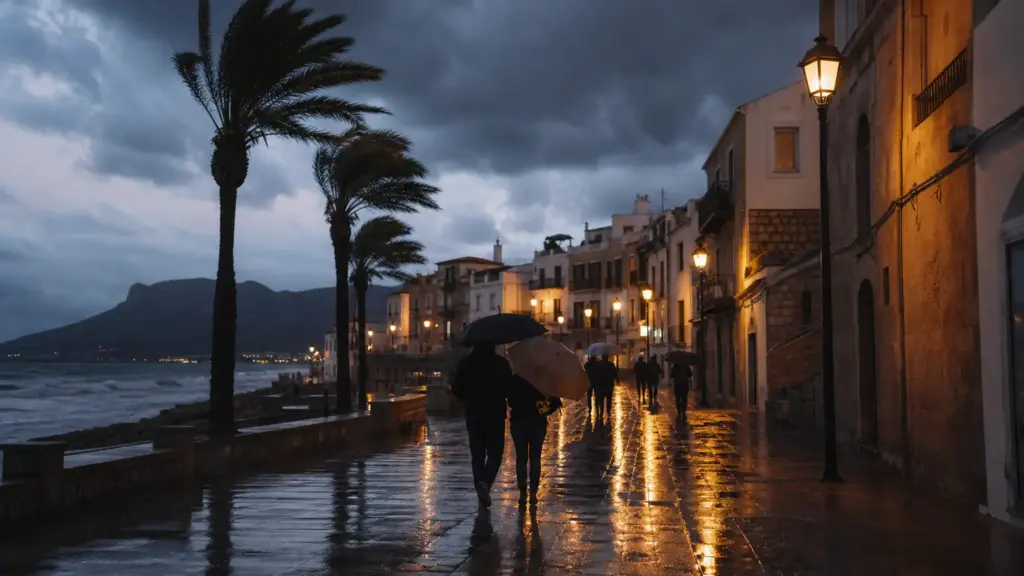 dana en españa: calle mediterránea mojada bajo nubes de tormenta con peatones lejanos de espaldas con paraguas