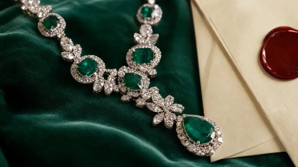 joyas de zapatero: detalle de un collar de oro blanco con esmeraldas y diamantes sobre terciopelo oscuro junto a un documento sellado