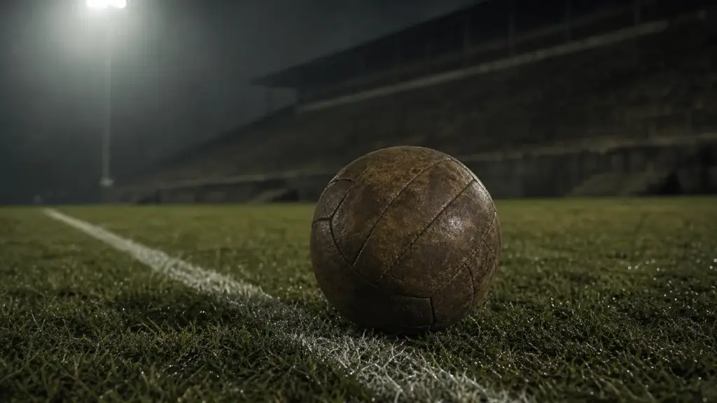 vasco da gama: pelota de fútbol sobre la línea de cal de un campo de juego de noche con tribunas vacías al fondo