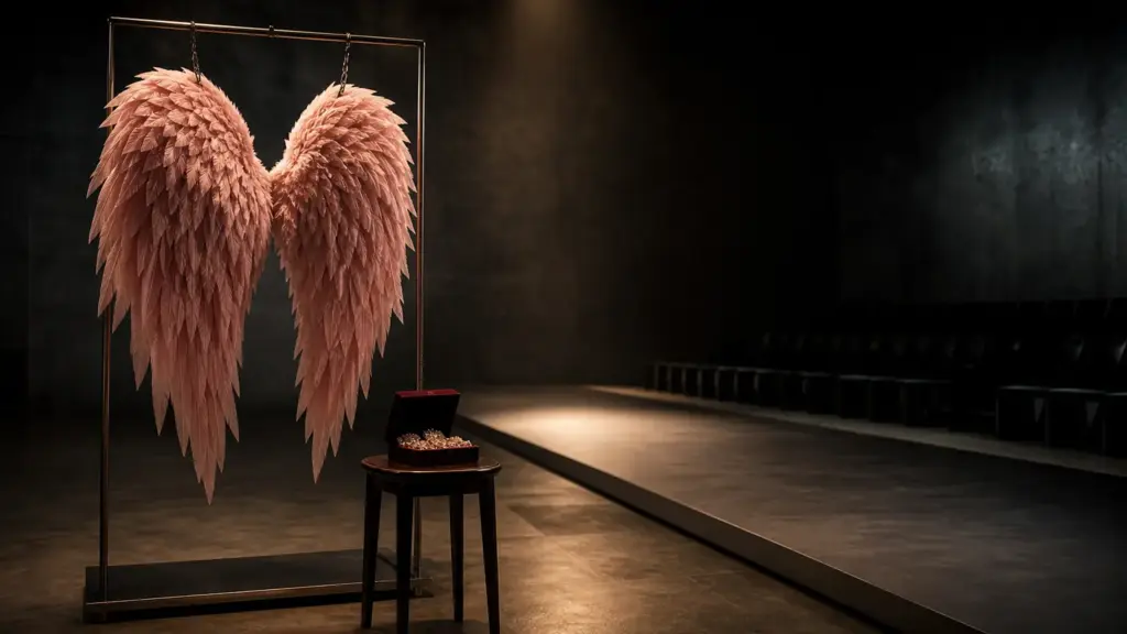 desfile de victoria's secret: alas rosas de plumas en un soporte junto a una pasarela vacía y un estuche de joyas