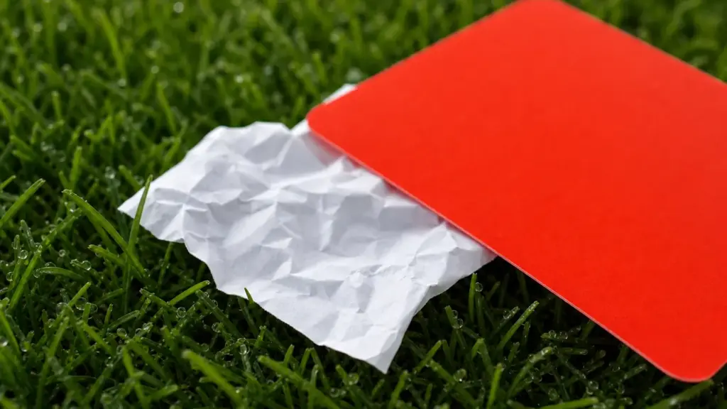 sanción a vinícius: hoja de papel arrugada y una tarjeta roja sobre el césped húmedo de un campo de fútbol