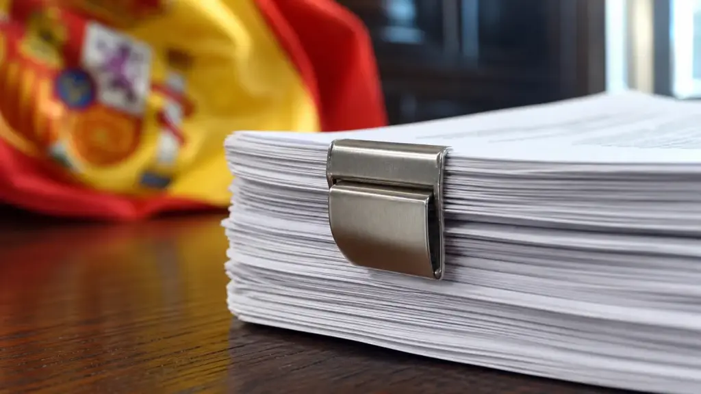 querella de vox: primer plano de un escrito judicial encuadernado con una pinza metálica sobre una mesa de madera